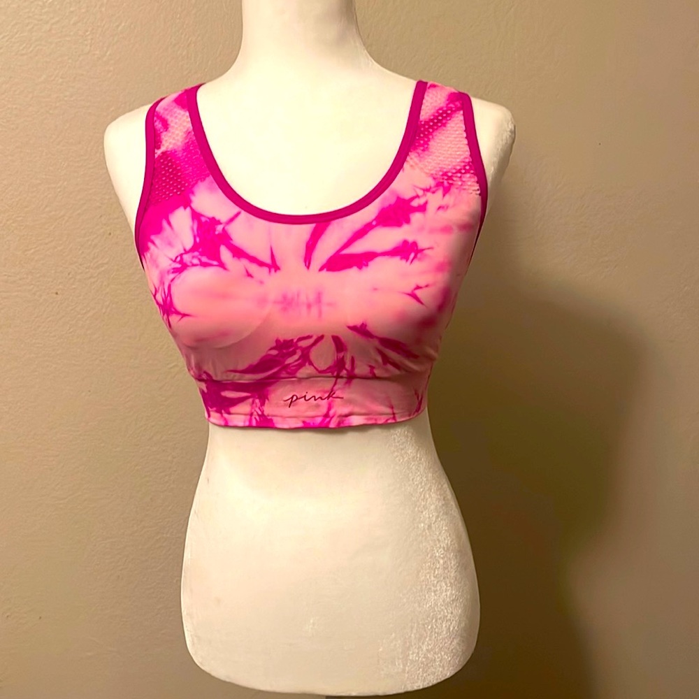 Pink racerback, tie-dye sports bra
